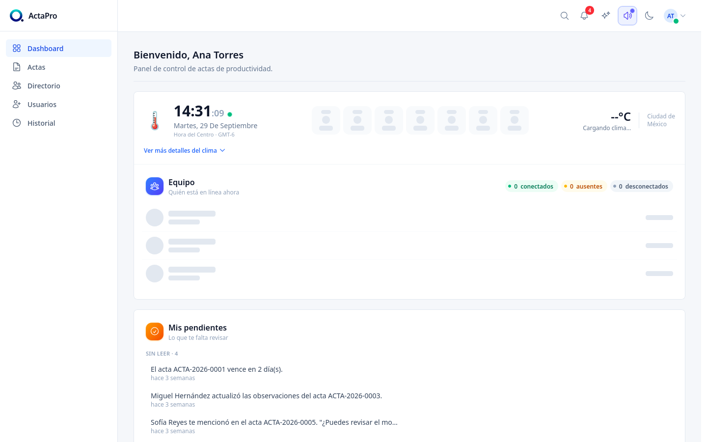 Dashboard de control y analítica de acuerdos en ActaPro