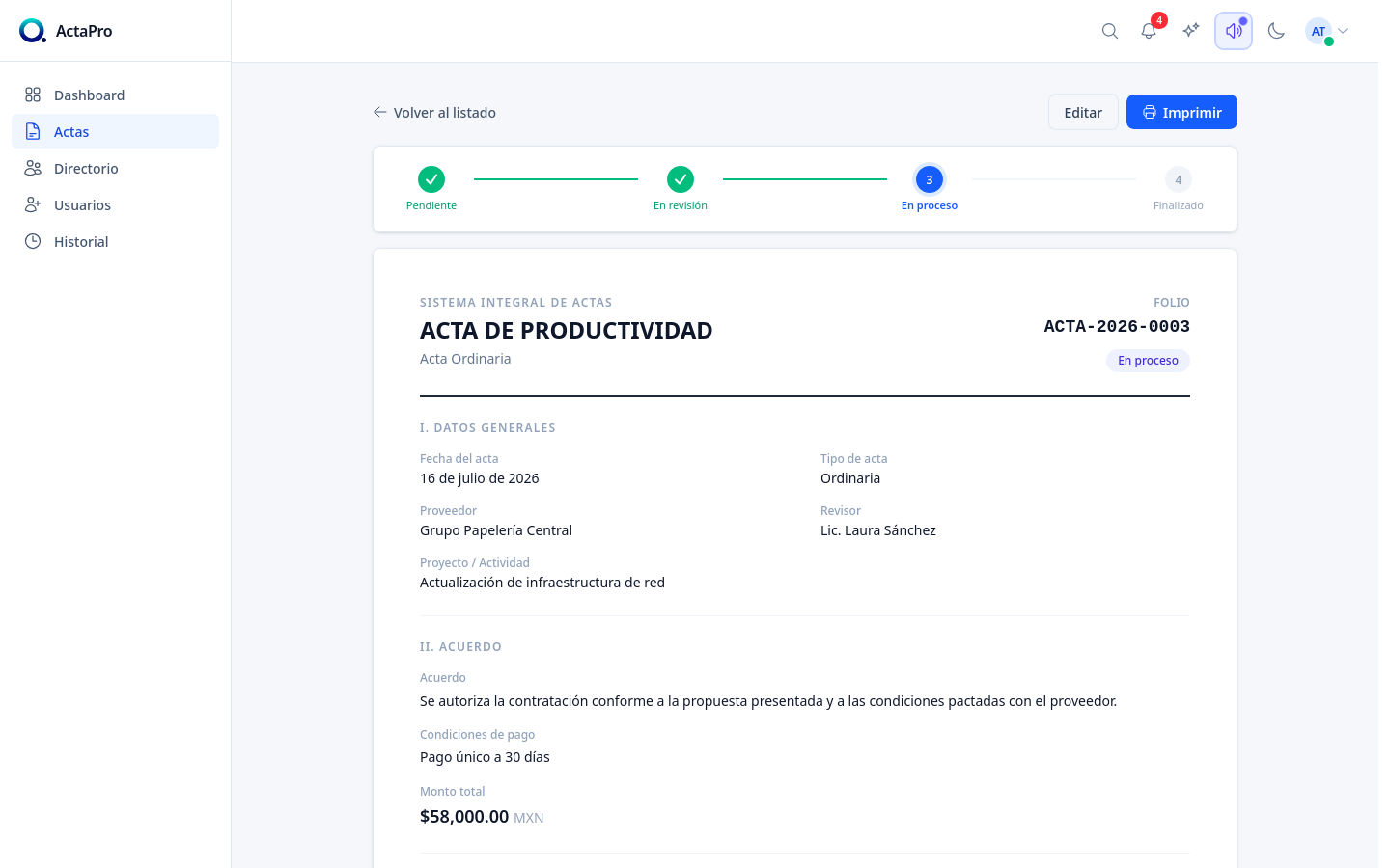 Detalle de acta con flujo de aprobación y trazabilidad legal