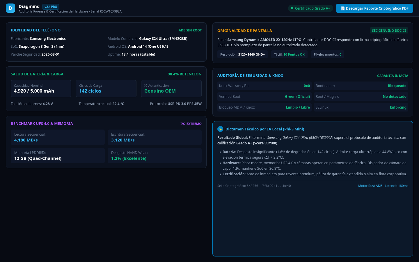 Informe forense de hardware, salud de batería, originalidad AMOLED y Knox